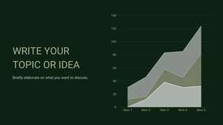 Item 1 Item 2 Item 3 Item 4 Item 5
0
20
40
60
80
100
120
140
WRITE YOUR
TOPIC OR IDEA
Briefly elaborate on what you want to discuss.
 