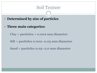 Soil Texture
 Determined by size of particles
 Three main categories:
Clay = particles < 0.002 mm diameter
Silt = particles 0.002–0.05 mm diameter
Sand = particles 0.05–2.0 mm diameter
 