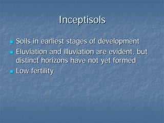 Inceptisols

Soils in earliest stages of development
Eluviation and illuviation are evident, but
distinct horizons have not yet formed
Low fertility
 