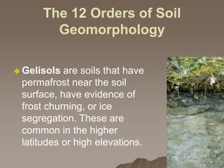 The 12 Orders of Soil
Geomorphology
 Gelisols are soils that have
permafrost near the soil
surface, have evidence of
frost churning, or ice
segregation. These are
common in the higher
latitudes or high elevations.
 