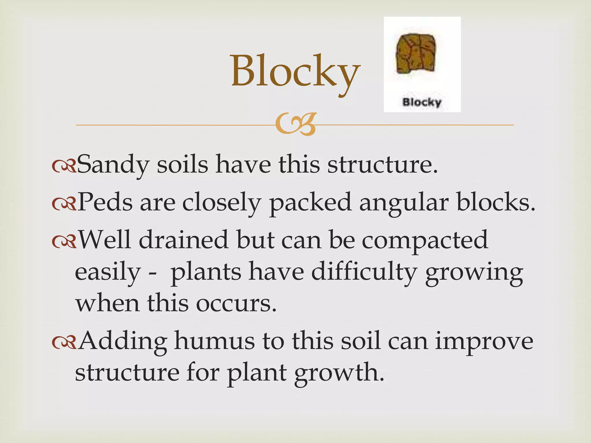 Blocky

Sandy soils have this structure.
Peds are closely packed angular blocks.
Well drained but can be compacted
easily - plants have difficulty growing
when this occurs.
Adding humus to this soil can improve
structure for plant growth.

 