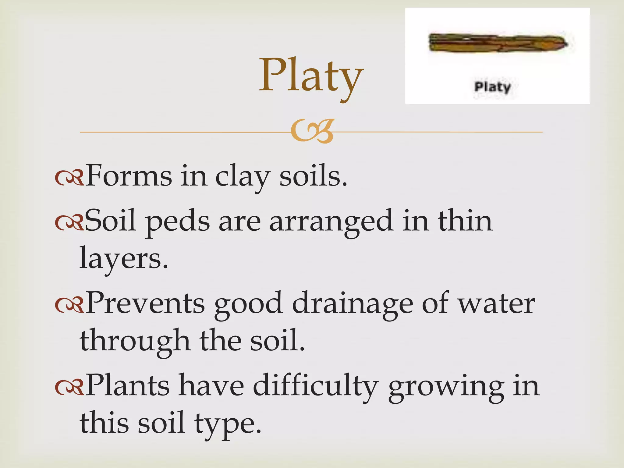 Platy

Forms in clay soils.
Soil peds are arranged in thin
layers.
Prevents good drainage of water
through the soil.
Plants have difficulty growing in
this soil type.

 