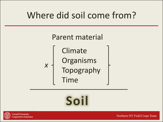 Where did soil come from?
Parent material
x

Climate
Organisms
Topography
Time

Soil
Northern NY Field Crops Team

 