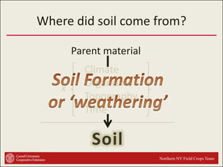 Where did soil come from?
Parent material
x

Climate
Organisms
Topography
Time

Soil
Northern NY Field Crops Team

 