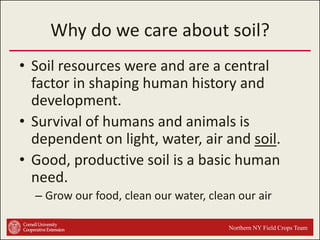 Why do we care about soil?
• Soil resources were and are a central
factor in shaping human history and
development.
• Survival of humans and animals is
dependent on light, water, air and soil.
• Good, productive soil is a basic human
need.
– Grow our food, clean our water, clean our air
Northern NY Field Crops Team

 