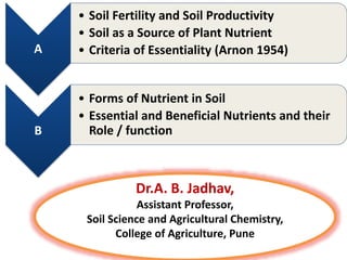 A
• Soil Fertility and Soil Productivity
• Soil as a Source of Plant Nutrient
• Criteria of Essentiality (Arnon 1954)
B
• Forms of Nutrient in Soil
• Essential and Beneficial Nutrients and their
Role / function
Dr.A. B. Jadhav,
Assistant Professor,
Soil Science and Agricultural Chemistry,
College of Agriculture, Pune
 