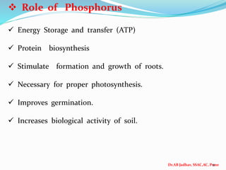 Dr.AB Jadhav, SSAC,AC, Pune
9
 Role of Phosphorus
 Energy Storage and transfer (ATP)
 Protein biosynthesis
 Stimulate formation and growth of roots.
 Necessary for proper photosynthesis.
 Improves germination.
 Increases biological activity of soil.
 