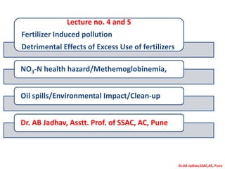 Dr.AB Jadhav,SSAC,AC, Pune
Lecture no. 4 and 5
Fertilizer Induced pollution
Detrimental Effects of Excess Use of fertilizers
NO3-N health hazard/Methemoglobinemia,
Oil spills/Environmental Impact/Clean-up
Dr. AB Jadhav, Asstt. Prof. of SSAC, AC, Pune
 