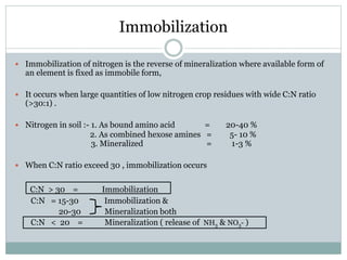 Immobilization
 Immobilization of nitrogen is the reverse of mineralization where available form of
an element is fixed as immobile form,
 It occurs when large quantities of low nitrogen crop residues with wide C:N ratio
(>30:1) .
 Nitrogen in soil :- 1. As bound amino acid = 20-40 %
2. As combined hexose amines = 5- 10 %
3. Mineralized = 1-3 %
 When C:N ratio exceed 30 , immobilization occurs
C:N > 30 = Immobilization
C:N = 15-30 Immobilization &
20-30 Mineralization both
C:N < 20 = Mineralization ( release of NH3 & NO3- )
 