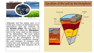 Location of the soil in the biosphere
Although soil has many uses, it is
really just a layer of dirt between the
atmosphere and the bedrock in
the tectonic plates. The top layer of
the planet is called the lithosphere.
Soil is the loose stuff on the surface
of the lithosphere. We have talked
about plate tectonics and swirling
clouds in the atmosphere. In the
same way those conditions change,
the soil changes. It changes very
slowly but very definitely. It's a very
complex system that supports all of
the life on land.
 