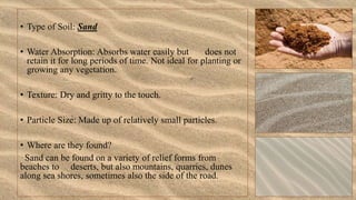 • Type of Soil: Sand
• Water Absorption: Absorbs water easily but does not
retain it for long periods of time. Not ideal for planting or
growing any vegetation.
• Texture: Dry and gritty to the touch.
• Particle Size: Made up of relatively small particles.
• Where are they found?
Sand can be found on a variety of relief forms from
beaches to deserts, but also mountains, quarries, dunes
along sea shores, sometimes also the side of the road.
 