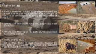 • Type of Soil: Silt
• Water Absorption: Retains water longer than sand, but
it can't hold on to as much nutrients. Out of all types of
soil, silt is considered to be among the most fertile of
soils.
• Texture: Soft and smooth when dry. Soapy slick when
moistened.
• Particle Size: Made up of fine particles, with individual
pieces close together.
• Where are they found?
Silt is often found in river estuaries, because the
fine particles are washed downstream and deposited
when the water flows more slowly.
 