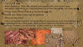 • Type of Soil: Clay
• Water Absorption: When clay particles come together they form a heavy mass
that makes it difficult for air, water and plant roots to move through the soil when wet.
• Texture: Sticky to touch when wet, but smooth when dry.
• Particle Size: Made of extremely fine particles.
• Where are they found?
Clay is often used for pottery. People are likely to encounter clay in its rock-hard state
in archaeological sites where people in the past have deposited clay bowls and other
appliances. In nature, you can find clay in lakes, ponds or at the seashore.
 