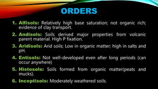 1. Alfisols: Relatively high base saturation; not organic rich;
evidence of clay transport.
2. Andisols: Soils derived major properties from volcanic
parent material. High P fixation.
3. Aridisols: Arid soils; Low in organic matter; high in salts and
pH.
4. Entisols: Not well-developed even after long periods (can
occur anywhere)
5. Histosols: Soils formed from organic matter(peats and
mucks).
6. Inceptisols: Moderately weathered soils.
ORDERS
 