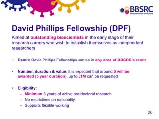 26
David Phillips Fellowship (DPF)
Aimed at outstanding bioscientists in the early stage of their
research careers who wish to establish themselves as independent
researchers
• Remit: David Phillips Fellowships can be in any area of BBSRC’s remit
• Number, duration & value: it is expected that around 5 will be
awarded (5 year duration), up to £1M can be requested
• Eligibility:
– Minimum 3 years of active postdoctoral research
– No restrictions on nationality
– Supports flexible working
 