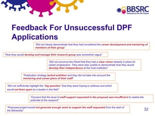 32
Feedback For Unsuccessful DPF
Applications
“Did not clearly demonstrate that they had considered the career development and mentoring of
members of their group”
“Did not sufficiently highlight the “big question” that they were hoping to address and which
would set them apart as a leader in the field”
“How they would develop and manage their research group was somewhat vague”
“Did not convince the Panel that they had a clear vision already in place for
career progression. They were also unable to demonstrate how they would
develop their independence at the host institution”
“Concern that the level of staff support requested in the proposal was insufficient to realise the
potential of the research”
“Proposed project would not generate enough work to support the staff requested from the start of
the fellowship”
“Publication strategy lacked ambition and they did not take into account the
mentoring and career plans of their staff”
 
