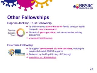 33
Other Fellowships
Daphne Jackson Trust Fellowship
 To aid those on a career break for family, caring or health
reason to return to research
 Normally 2 years part-time; includes extensive training
programme
 www.daphnejackson.org
Enterprise Fellowship
 To support development of a new business, building on
previously funded BBSRC research
 Delivered by the Royal Society of Edinburgh
 www.bbsrc.ac.uk/fellowships
 