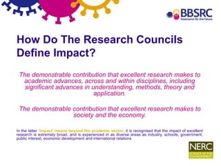 4
How Do The Research Councils
Define Impact?
The demonstrable contribution that excellent research makes to
academic advances, across and within disciplines, including
significant advances in understanding, methods, theory and
application.
The demonstrable contribution that excellent research makes to
society and the economy.
In the latter ‘impact’ means beyond the academic sector, it is recognised that the impact of excellent
research is extremely broad, and is experienced in as diverse areas as industry, schools, government,
public interest, economic development and international relations
 