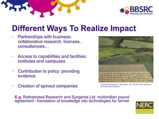 8
Different Ways To Realize Impact
• Partnerships with business:
collaborative research, licenses,
consultancies…
• Access to capabilities and facilities:
institutes and campuses
• Contribution to policy: providing
evidence
• Creation of spinout companies
E.g. Rothamsted Research and Syngenta Ltd: multimillion pound
agreement - translation of knowledge into technologies for farmer
Rothamsted Research, Harpenden, UK, WGIN Field Experiment
© Rothamsted Research
 