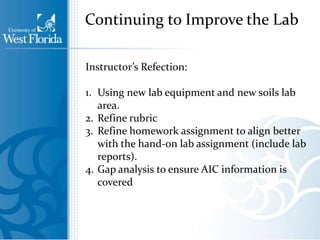 Continuing to Improve the Lab
Instructor’s Refection:
1. Using new lab equipment and new soils lab
area.
2. Refine rubric
3. Refine homework assignment to align better
with the hand-on lab assignment (include lab
reports).
4. Gap analysis to ensure AIC information is
covered

 
