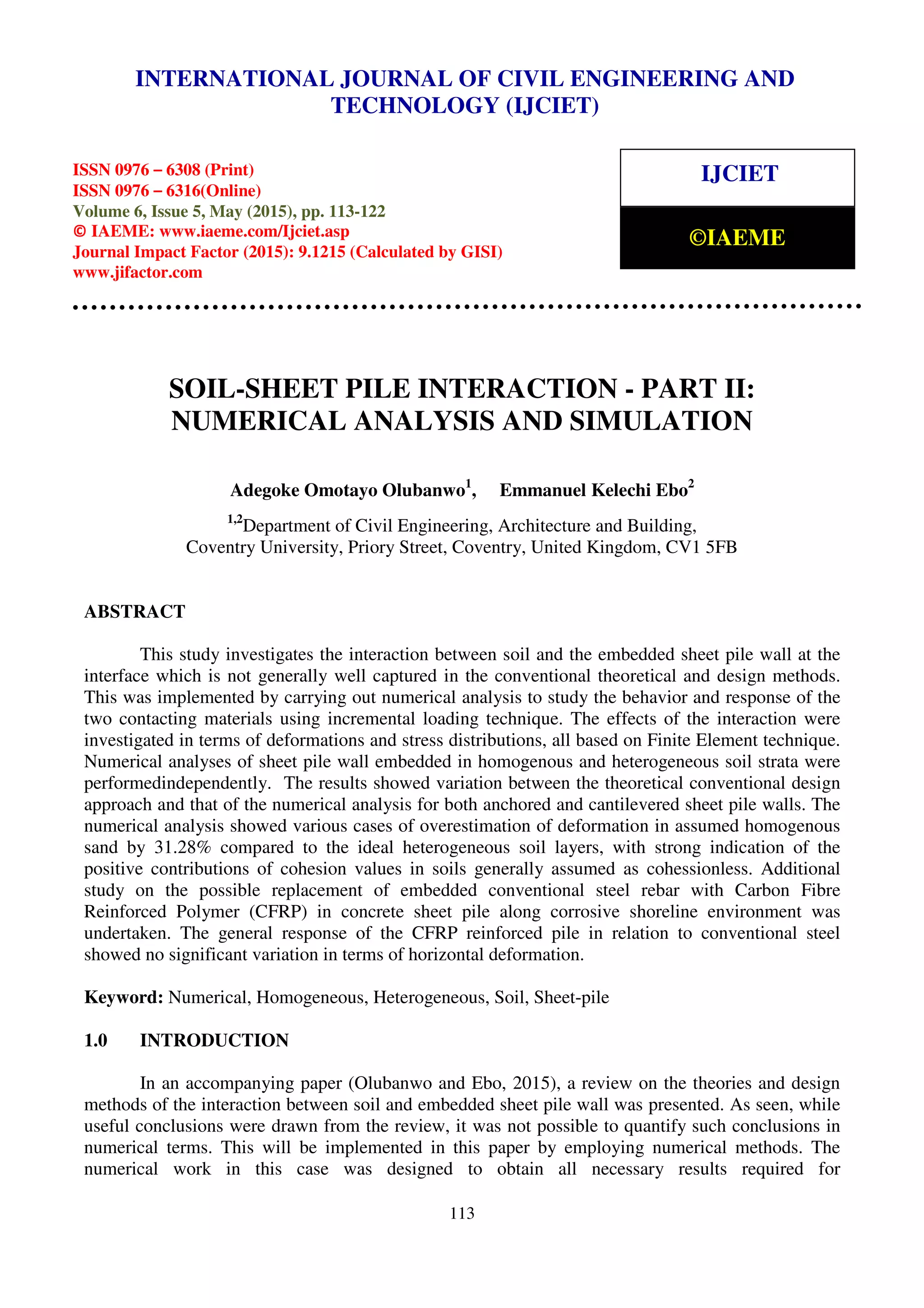 Soil sheet pile interaction part ii numerical analysis and simulation | PDF