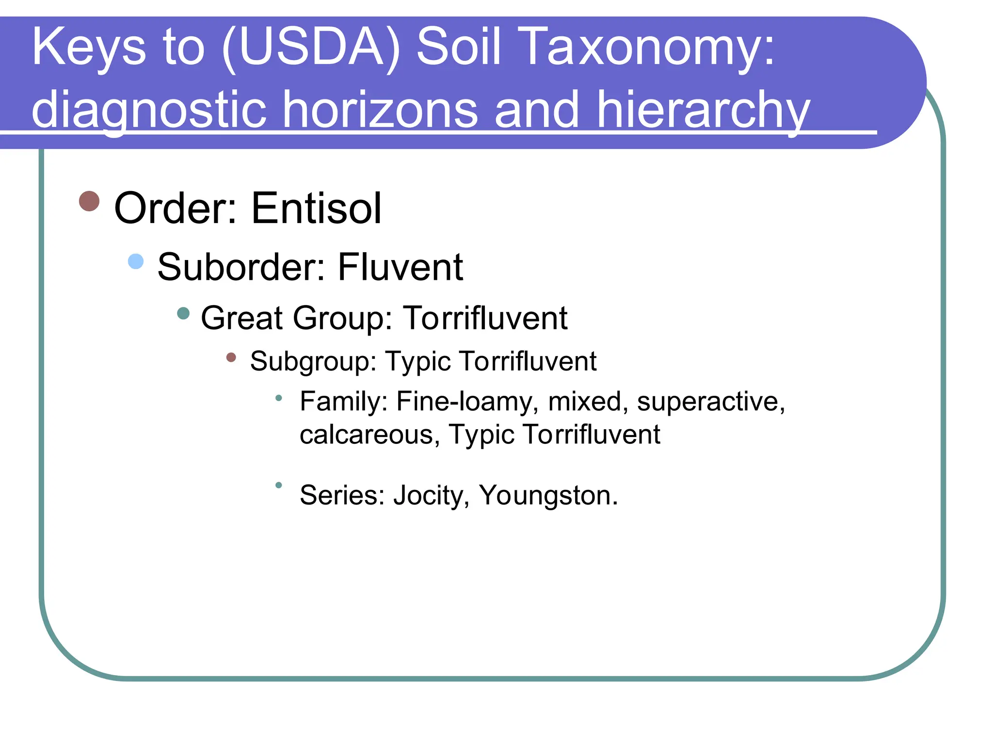 Keys to (USDA) Soil Taxonomy:
diagnostic horizons and hierarchy
Order: Entisol
Suborder: Fluvent
 Great Group: Torrifluvent
 Subgroup: Typic Torrifluvent

Family: Fine-loamy, mixed, superactive,
calcareous, Typic Torrifluvent

Series: Jocity, Youngston.
 