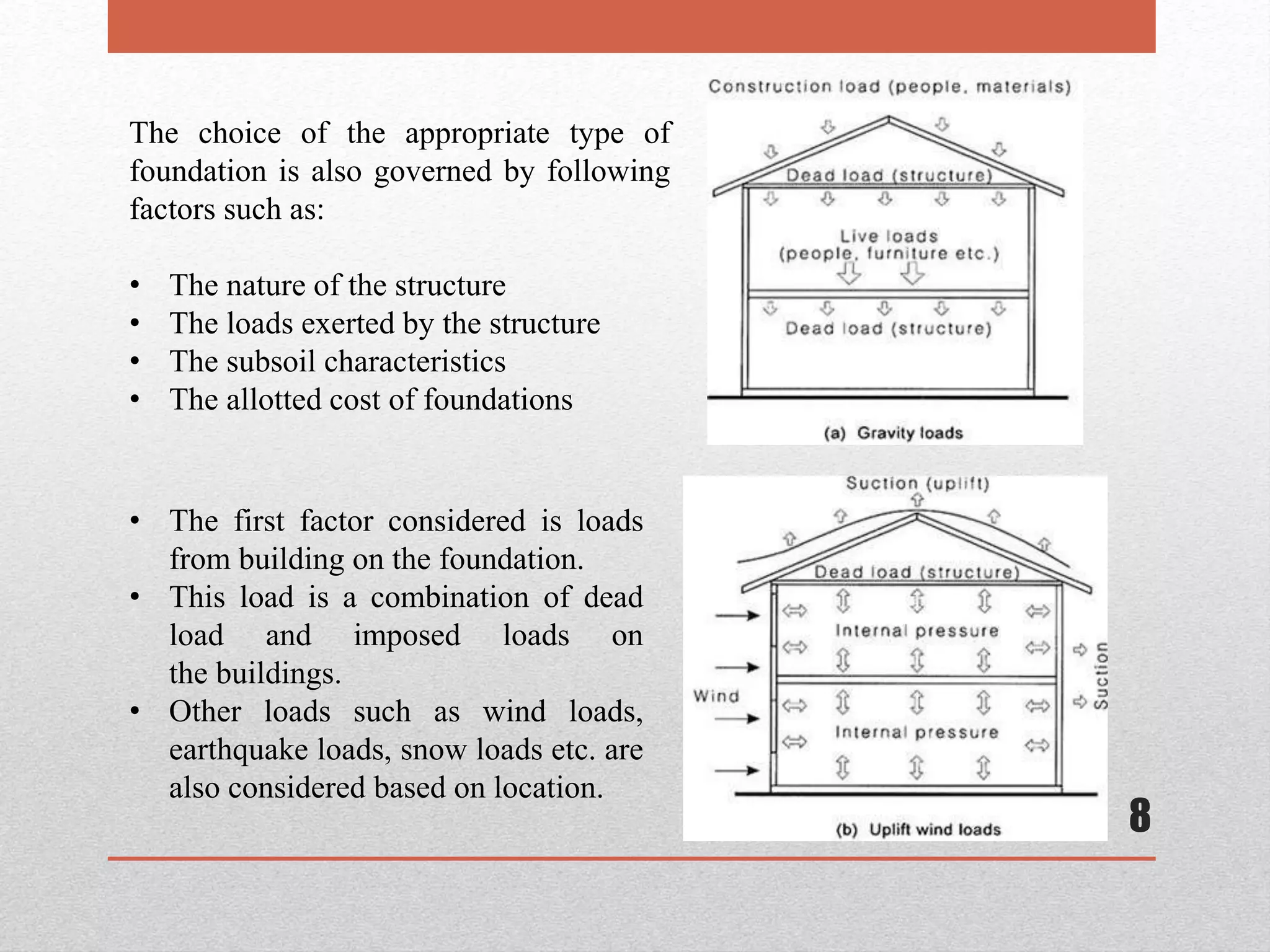 8
The choice of the appropriate type of
foundation is also governed by following
factors such as:
• The nature of the structure
• The loads exerted by the structure
• The subsoil characteristics
• The allotted cost of foundations
• The first factor considered is loads
from building on the foundation.
• This load is a combination of dead
load and imposed loads on
the buildings.
• Other loads such as wind loads,
earthquake loads, snow loads etc. are
also considered based on location.
 