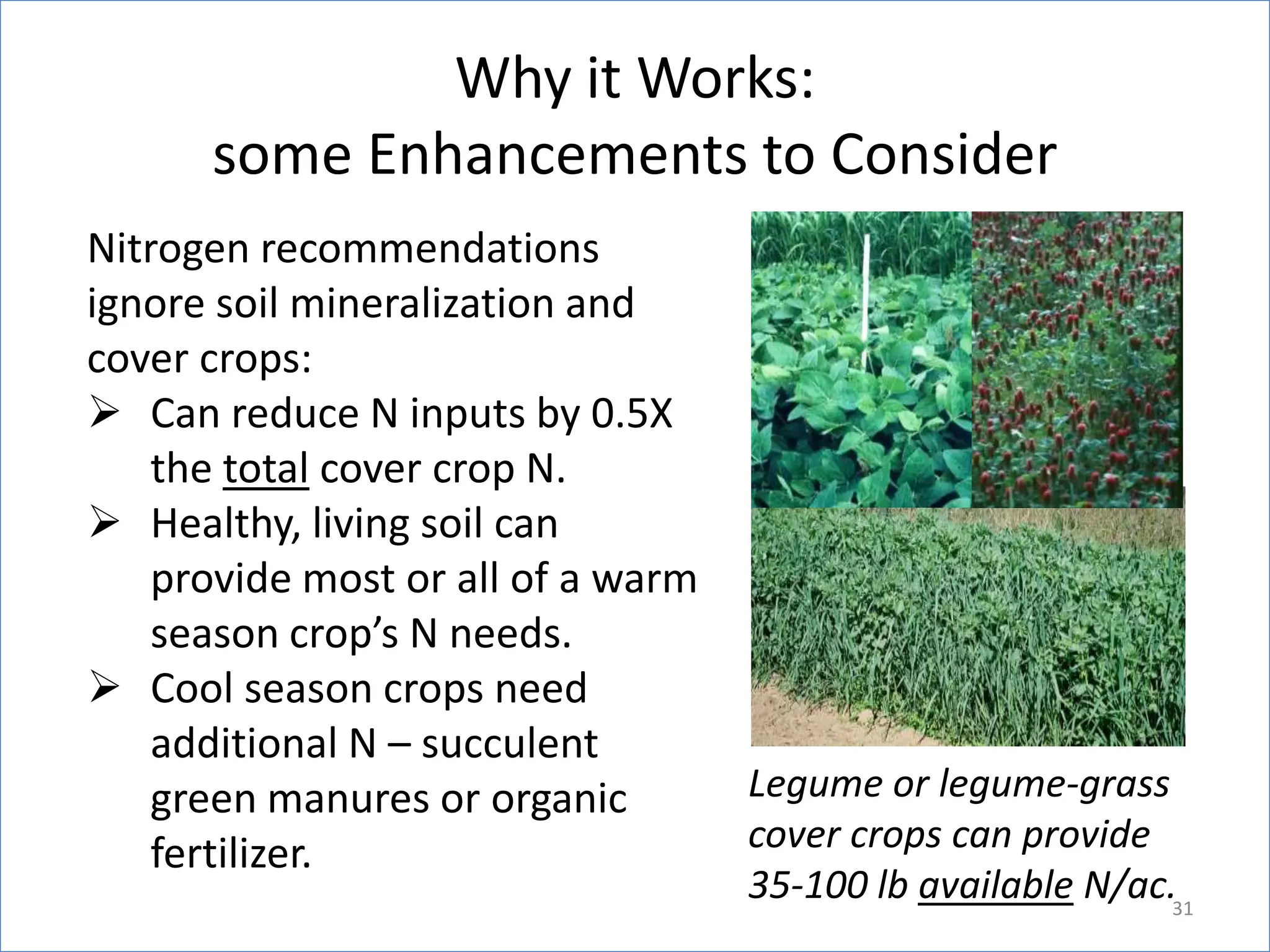 Why it Works:
some Enhancements to Consider
Nitrogen recommendations
ignore soil mineralization and
cover crops:
 Can reduce N inputs by 0.5X
the total cover crop N.
 Healthy, living soil can
provide most or all of a warm
season crop’s N needs.
 Cool season crops need
additional N – succulent
green manures or organic
fertilizer.

Legume or legume-grass
cover crops can provide
35-100 lb available N/ac.31

 