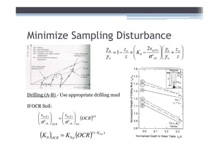 Minimize Sampling Disturbance
                                                  γm      zw          2s        γ  z 
                                                     = 1−      +
                                                                 K 0 − u ( E )  b + w 
                                                  γw       z          σ 'v 0  γ w z 
                                                                                       




Drilling (A-B) - Use appropriate drilling mud

If OCR Soil:
      su ( E )    su ( E ) 
     
     σ'        =
                              (OCR )0.8
                              
      v 0 OCR  σ 'v 0  NC

      (K 0 )OCR = K 0 p (OCR )(1− K         0p)
 