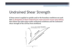 Undrained Shear Strength
If shear stress is applied so quickly and/or the boundary conditions are such
that no dissipation of shear-induced pore water pressure occurs upon failure,
then failure has taken place under undrained conditions and the undrained
shear strength of the soil has been mobilized.
 