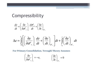Compressibility
 de  ∂e  dσ 'v  ∂e 
   =
     ∂σ '  dt +  ∂t 
            
 dt      v t     σ 'v


        ∂e  de  ∂e  
      tp                             t
                                        ∂e 
∆e = ∫ 
         ∂σ '  dt +  dt   dt + ∫  dt  dt
                
     0 
             v t     σ 'v 
                                   tp     σ ' v
For Primary Consolidation, Terzaghi Theory Assumes

            ∂e                  ∂e 
            ∂σ '  = − av
                                 =0
                v t             ∂t σ 'v
 