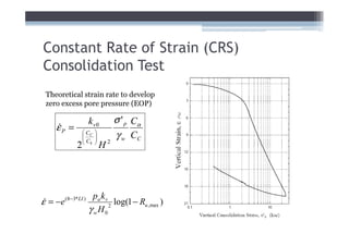 Constant Rate of Strain (CRS)
Consolidation Test
 Theoretical strain rate to develop
 zero excess pore pressure (EOP)

                   kv 0         σ ' p Cα
     εP =
     &           CC
                
                C
                       
                       
                               γ w CC
                 k    
            2              H2




                     pa k v
ε = −e (8−3*LI )
&                             log(1 − Ru ,max )
                   γ wH0    2
 