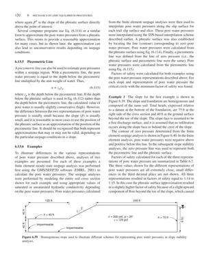 Duncan c06.tex V3 - 07/21/2014 4:38 P.M. Page˜120
120 6 MECHANICS OF LIMIT EQUILIBRIUM PROCEDURES
where again 𝛽′′ is the slope of the phreatic surface directly
above the point of interest.
Several computer programs use Eq. (6.114) or a similar
form to approximate the pore water pressures from a phreatic
surface. This seems to provide a reasonable approximation
for many cases, but as shown later, the approximation can
also lead to unconservative results depending on seepage
conditions.
6.13.5 Piezometric Line
A piezometric line can also be used to estimate pore pressures
within a seepage region. With a piezometric line, the pore
water pressure is equal to the depth below the piezometric
line multiplied by the unit weight of water. Thus,
u = zp𝛾w (6.115)
where zp is the depth below the piezometric line. If the depth
below the phreatic surface is used in Eq. (6.112) rather than
the depth below the piezometric line, the calculated value of
pore water is usually slightly conservative (high). However,
the difference between the two representations of pore water
pressure is usually small because the slope (𝛽) is usually
small, and it is reasonable in most cases to use the position of
the phreatic surface as an approximation of the position of the
piezometric line. It should be recognized that both represent
approximations that may or may not be valid, depending on
the particular seepage conditions in a slope.
6.13.6 Examples
To illustrate differences in the various representations
of pore water pressure described above, analyses of two
examples are presented. For each of these examples a
finite element steady-state seepage analysis was performed
first using the GMS/SEEP2D software (EMRL, 2001) to
calculate the pore water pressures. The seepage analyses
were performed by modeling the entire soil cross section
shown for each example and using appropriate values of
saturated or unsaturated hydraulic conductivity depending
on the pore water pressures. Pore water pressures calculated
from the finite element seepage analyses were then used to
interpolate pore water pressures along the slip surface for
each trail slip surface and slice. These pore water pressures
were interpolated using the TIN-based interpolation scheme
described earlier. A phreatic surface was also established
by locating the line (contour) corresponding to zero pore
water pressure. Pore water pressures were calculated from
the phreatic surface using Eq. (6.114). Finally, a piezometric
line was defined from the line of zero pressure (i.e., the
phreatic surface and piezometric line were the same). Pore
water pressures were calculated from the piezometric line
using Eq. (6.115).
Factors of safety were calculated for both examples using
the pore water pressure representations described above. For
each slope and representation of pore water pressure the
critical circle with the minimum factor of safety was found.
Example 1 The slope for the first example is shown in
Figure 6.39. The slope and foundation are homogeneous and
composed of the same soil. Total heads, expressed relative
to a datum at the bottom of the foundation, are 75 ft at the
right side of the cross section and 40 ft at the ground surface
beyond the toe of the slope. The slope face is assumed to be
a free discharge surface, and it is assumed that no infiltration
occurs along the slope face or behind the crest of the slope.
The contour of zero pressure determined from the finite
element seepage analysis is shown in Figure 6.40. In the finite
element analysis, pore water pressures were negative above
and positive below this line. In the subsequent slope stability
analyses, the zero pressure line was used to represent both
the piezometric line and the phreatic surface.
Factors of safety calculated for each of the three represen-
tations of pore water pressure are summarized in Table 6.7.
The three values shown for the different representations of
pore water pressures are all extremely close; small differ-
ences in the third decimal place are not shown. All three
representations resulted in factors of safety equal to 1.14 to
1.15. In this case the phreatic surface approximation resulted
in a slightly higher factor of safety because of a slight upward
component of flow beyond the toe of the slope, which caused
120 ft 240 ft
c = 200 psf, ϕ = 20°
γ = 125 pcf
75
ft
h = 75 ft
h = 40 ft
Impermeable
Impermeable
2
1
40
ft
40
ft
Figure 6.39 Homogeneous slope used to illustrate different schemes for representing pore water pressures in slope stability
analyses.
 