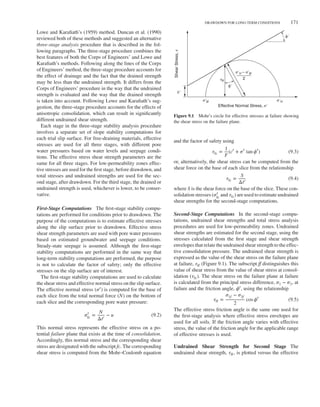 Duncan c09.tex V2 - 06/20/2014 3:12 P.M. Page˜171
DRAWDOWN FOR LONG-TERM CONDITIONS 171
Lowe and Karafiath’s (1959) method. Duncan et al. (1990)
reviewed both of these methods and suggested an alternative
three-stage analysis procedure that is described in the fol-
lowing paragraphs. The three-stage procedure combines the
best features of both the Corps of Engineers’ and Lowe and
Karafiath’s methods. Following along the lines of the Corps
of Engineers’ method, the three-stage procedure accounts for
the effect of drainage and the fact that the drained strength
may be less than the undrained strength. It differs from the
Corps of Engineers’ procedure in the way that the undrained
strength is evaluated and the way that the drained strength
is taken into account. Following Lowe and Karafiath’s sug-
gestion, the three-stage procedure accounts for the effects of
anisotropic consolidation, which can result in significantly
different undrained shear strength.
Each stage in the three-stage stability analysis procedure
involves a separate set of slope stability computations for
each trial slip surface. For free-draining materials, effective
stresses are used for all three stages, with different pore
water pressures based on water levels and seepage condi-
tions. The effective stress shear strength parameters are the
same for all three stages. For low-permeability zones effec-
tive stresses are used for the first stage, before drawdown, and
total stresses and undrained strengths are used for the sec-
ond stage, after drawdown. For the third stage, the drained or
undrained strength is used, whichever is lower, to be conser-
vative.
First-Stage Computations The first-stage stability compu-
tations are performed for conditions prior to drawdown. The
purpose of the computations is to estimate effective stresses
along the slip surface prior to drawdown. Effective stress
shear strength parameters are used with pore water pressures
based on estimated groundwater and seepage conditions.
Steady-state seepage is assumed. Although the first-stage
stability computations are performed in the same way that
long-term stability computations are performed, the purpose
is not to calculate the factor of safety; only the effective
stresses on the slip surface are of interest.
The first-stage stability computations are used to calculate
the shear stress and effective normal stress on the slip surface.
The effective normal stress (𝜎′) is computed for the base of
each slice from the total normal force (N) on the bottom of
each slice and the corresponding pore water pressure:
𝜎′
fc =
N
Δ𝓁
− u (9.2)
This normal stress represents the effective stress on a po-
tential failure plane that exists at the time of consolidation.
Accordingly, this normal stress and the corresponding shear
stress are designated with the subscript fc. The corresponding
shear stress is computed from the Mohr–Coulomb equation
ϕʹ
cʹ
ϕʹ
Effective Normal Stress, σʹ
Shear
Stress,
τ
σʹ3f σʹ1f
σʹ1f – σʹ3f
2
τff
Figure 9.1 Mohr’s circle for effective stresses at failure showing
the shear stress on the failure plane.
and the factor of safety using
𝜏fc =
1
F
(c′
+ 𝜎′
tan 𝜙′
) (9.3)
or, alternatively, the shear stress can be computed from the
shear force on the base of each slice from the relationship
𝜏fc =
S
Δ𝓁
(9.4)
where S is the shear force on the base of the slice. These con-
solidation stresses (𝜎′
fc
and 𝜏fc) are used to estimate undrained
shear strengths for the second-stage computations.
Second-Stage Computations In the second-stage compu-
tations, undrained shear strengths and total stress analysis
procedures are used for low-permeability zones. Undrained
shear strengths are estimated for the second stage, using the
stresses calculated from the first stage and shear strength
envelopes that relate the undrained shear strength to the effec-
tive consolidation pressure. The undrained shear strength is
expressed as the value of the shear stress on the failure plane
at failure, 𝜏ff (Figure 9.1). The subscript ff distinguishes this
value of shear stress from the value of shear stress at consol-
idation (𝜏fc). The shear stress on the failure plane at failure
is calculated from the principal stress difference, 𝜎1 − 𝜎3, at
failure and the friction angle, 𝜙′, using the relationship
𝜏ff =
𝜎1f − 𝜎3f
2
cos 𝜙′
(9.5)
The effective stress friction angle is the same one used for
the first-stage analysis where effective stress envelopes are
used for all soils. If the friction angle varies with effective
stress, the value of the friction angle for the applicable range
of effective stresses is used.
Undrained Shear Strength for Second Stage The
undrained shear strength, 𝜏ff, is plotted versus the effective
 