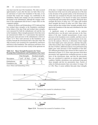 208 12 ANALYSES TO BACK-CALCULATE STRENGTHS
clay layer near the top of the foundation. The slide occurred
approximately 5 years after the dam was built. Due to lay-
ers and lenses of sand in the foundation of the dam, it was
assumed that steady-state seepage was established in the
foundation. Steady-state seepage was also assumed to have
developed in the embankment, although the seepage condi-
tions in the embankment did not have a major effect on the
computed stability.
Analyses by Reuss and Schattenberg (1972) indicated that
low residual shear strengths in the foundation contributed
to the failure of the dam. Peak and residual shear strengths
were measured for both the embankment soil and the clay
in the foundation. Shear strength parameters from these tests
are summarized in Table 12.2. A piezometric line represent-
ing the pore water pressures in the embankment is shown in
Figure 12.13. Pore water pressures in the foundation, par-
ticularly beneath the downstream half of the dam where the
slide occurred, were assumed to be controlled by sand layers
and lenses in the foundation. The sand layers and lenses were
connected to the reservoir in the vicinity of the upstream toe
Table 12.2 Shear Strength Parameters for Victor
Braunig Dam Embankment and Foundation Clay Layer
Peak Strengths Residual strengths
Description c′ (psf) 𝜙′ (deg) c′
r (psf) 𝜙′
r (deg)
Embankment 400 22 200 22
Foundation clay 500 18 100 9
Source: Reuss and Schattenberg (1972).
of the dam. A simple linear piezometric surface that varied
from the level of the reservoir at the upstream toe of the dam
to the elevation of the ground surface at the downstream toe
of the dam was assumed for the pore water pressures in the
foundation (Figure 12.14). Factors of safety were calculated
using both peak and residual shear strengths. With peak shear
strengths the factor of safety was 1.78, while with residual
shear strengths the factor of safety was 0.99. These calcu-
lations indicate that residual shear strengths probably devel-
oped in the foundation of the dam and contributed to the slide
that occurred.
A significant source of uncertainty in the analyses
described above was the pore water pressures in the foun-
dation of the dam. Limited measurements of pore water
pressures in the foundation were available, and these were in
general agreement with the assumed piezometric levels cho-
sen for the analyses. However, to determine if there might
have been higher pore water pressures, and thus that peak,
rather than residual, shear strengths controlled the stability at
the time of failure, additional analyses were performed using
higher pore water pressures in the foundation of the dam.
Two different piezometric lines chosen for these analyses are
illustrated in Figure 12.15. Pore water pressures from these
piezometric lines approach the overburden pressure in some
areas of the downstream slope, and thus the piezometric
lines are considered to represent an extreme upper bound
condition. Stability calculations were performed using peak
shear strengths and the two piezometric lines. Factors of
safety for both piezometric lines were about 1.6 (range 1.56
to 1.58). Thus, it seems unlikely that peak shear strengths
Piezometric line
Scale, ft
0 50 100
Figure 12.13 Piezometric line assumed for embankment of dam.
Piezometric line
Scale, ft
0 50 100
Figure 12.14 Piezometric line assumed for foundation of dam.
 
