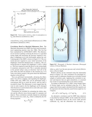BEHAVIOR OF GRANULAR MATERIALS—SAND, GRAVEL, AND ROCKFILL 49
0.001
0
2
4
6
8
10
Clay Clayey silts Sandy silt
Silty sand Sand & silty clay & silt
N60 = (qc/pa)/C
0.01
Mean particle size D50 (mm)
C
=
(q
c
/p
a
)/N
60
0.1 1
Figure 5.14 Factor used to convert qc values (in atmospheres) to
N60 (after Robertson and Robertson, 2007).
convert from qc to N60 can be found in Robertson et al. (1986)
and Jefferies and Davies (1993).
Correlations Based on Marchetti Dilatometer Tests The
Marchetti dilatometer test (DMT) has been used in geotech-
nical engineering practice since the 1980s. This test has
been standardized in ASTM D6635 (2007). The dilatome-
ter test involves pushing or driving the device to a specified
testing depth and measuring the pressure required to dis-
place a diaphragm on its face horizontally against the soil.
A photograph of the DMT is shown in Figure 5.15. The cor-
rected pressure required to cause initial movement of the
diaphragm, termed the liftoff pressure, is called p0. The cor-
rected pressure to displace the diaphragm 1.1 mm is called
p1. The force required to push the device to the testing depth
is sometimes measured as well. This is normally measured
at the ground surface using an electronic load cell at the
joint where the drill rod attaches to the insertion rig, or in
some cases below ground, at the point where the dilatometer
attaches to the drill rod.
Tests are performed incrementally, advancing the dilato-
meter 10 or 20 cm, stopping, and expanding the diaphragm.
Unlike CPT tests, DMT tests can be performed using a
conventional drill rig to insert the device, and test data is
recorded by hand. The dilatometer is more rugged than the
cone in some respects, but the diaphragm can be damaged
when the device is used in hard soils or soils with coarse sand
or gravel-size particles.
Correlations are available for estimating the relative den-
sity and the effective stress friction angle of a granular soil
deposit. These correlations normally depend on calculating
the horizontal stress index, KD, which is defined by the fol-
lowing equation:
KD =
p0 − u0
𝜎′
v
(5.6)
Figure 5.15 Photograph of Marchetti dilatometer (Photograph
courtesy of Silvano Marchetti).
where u0 and 𝜎′
v are the pore pressure and vertical effective
stress at the test depth.
Relative density can be estimated using the relationship
shown in Figure 5.16. This correlation was developed us-
ing the results of calibration chamber tests on freshly formed
samples of uniform sands. Applying this correlation to nat-
ural sand deposits that are aged, nonuniform, or cemented
may result in overestimating the in situ relative density.
According to Marchetti et al. (2001), lower bound values
of friction angle can be calculated using Eq. (5.7). They
suggest that friction angles calculated from this equation can
be expected to be lower than the actual friction angle by 2 to
4 degrees.
𝜙′
= 28∘ + 14.6∘ log KD − 2.1∘ log2
KD (5.7)
An alternative correlation used for DMT data reduction
is described by Schnaid (2009). In this method the friction
angle is determined based on the at-rest earth pressure
coefficient, K0, and the dilatometer tip resistance, qd.
 