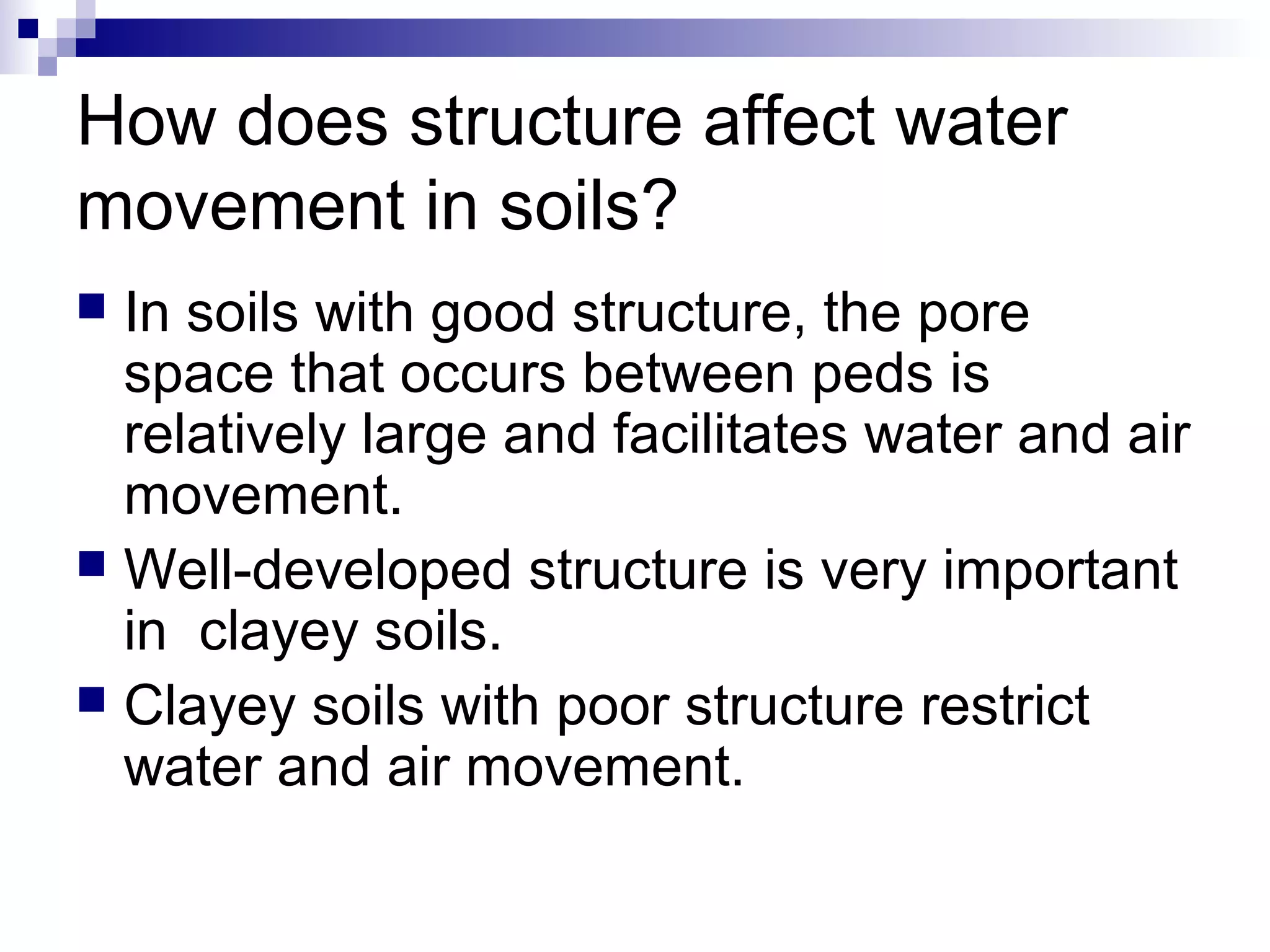 How does structure affect water
movement in soils?
 In soils with good structure, the pore
space that occurs between peds is
relatively large and facilitates water and air
movement.
 Well-developed structure is very important
in clayey soils.
 Clayey soils with poor structure restrict
water and air movement.
 