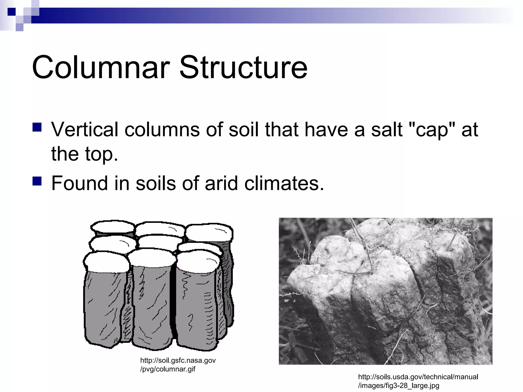 Columnar Structure
 Vertical columns of soil that have a salt "cap" at
the top.
 Found in soils of arid climates.
http://soil.gsfc.nasa.gov
/pvg/columnar.gif
http://soils.usda.gov/technical/manual
/images/fig3-28_large.jpg
 