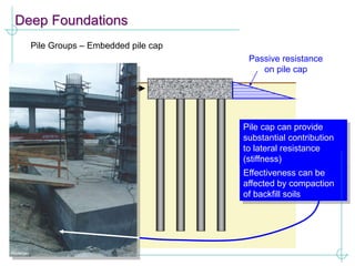 Deep Foundations
Pile Groups – Embedded pile cap
Passive resistance
on pile cap
Pile cap can provide
substantial contribution
to lateral resistance
(stiffness)
Effectiveness can be
affected by compaction
of backfill soils
 