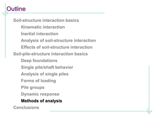 Outline
Soil-structure interaction basics
Kinematic interaction
Inertial interaction
Analysis of soil-structure interaction
Effects of soil-structure interaction
Soil-pile-structure interaction basics
Deep foundations
Single pile/shaft behavior
Analysis of single piles
Forms of loading
Pile groups
Dynamic response
Methods of analysis
Conclusions
 