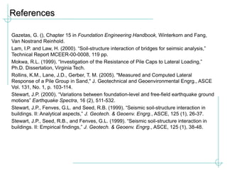 References
Gazetas, G. (), Chapter 15 in Foundation Engineering Handbook, Winterkorn and Fang,
Van Nostrand Reinhold.
Lam, I.P. and Law, H. (2000). “Soil-structure interaction of bridges for seimsic analysis,”
Technical Report MCEER-00-0008, 119 pp.
Mokwa, R.L. (1999). “Investigation of the Resistance of Pile Caps to Lateral Loading,”
Ph.D. Dissertation, Virginia Tech.
Rollins, K.M., Lane, J.D., Gerber, T. M. (2005). "Measured and Computed Lateral
Response of a Pile Group in Sand," J. Geotechnical and Geoenvironmental Engrg., ASCE
Vol. 131, No. 1, p. 103-114.
Stewart, J.P. (2000). “Variations between foundation-level and free-field earthquake ground
motions” Earthquake Spectra, 16 (2), 511-532.
Stewart, J.P., Fenves, G.L. and Seed, R.B. (1999). “Seismic soil-structure interaction in
buildings. II: Analytical aspects,” J. Geotech. & Geoenv. Engrg., ASCE, 125 (1), 26-37.
Stewart, J.P., Seed, R.B., and Fenves, G.L. (1999). “Seismic soil-structure interaction in
buildings. II: Empirical findings,” J. Geotech. & Geoenv. Engrg., ASCE, 125 (1), 38-48.
 