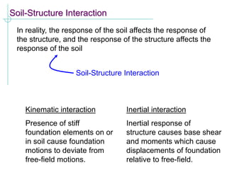 Soil-Structure Interaction
In reality, the response of the soil affects the response of
the structure, and the response of the structure affects the
response of the soil
Soil-Structure Interaction
Two components:
Inertial interaction
Inertial response of
structure causes base shear
and moments which cause
displacements of foundation
relative to free-field.
Kinematic interaction
Presence of stiff
foundation elements on or
in soil cause foundation
motions to deviate from
free-field motions.
 