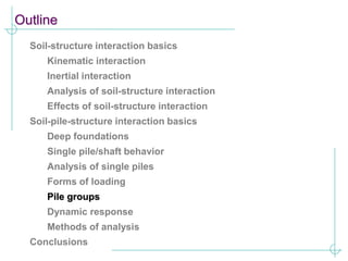 Outline
Soil-structure interaction basics
Kinematic interaction
Inertial interaction
Analysis of soil-structure interaction
Effects of soil-structure interaction
Soil-pile-structure interaction basics
Deep foundations
Single pile/shaft behavior
Analysis of single piles
Forms of loading
Pile groups
Dynamic response
Methods of analysis
Conclusions
 