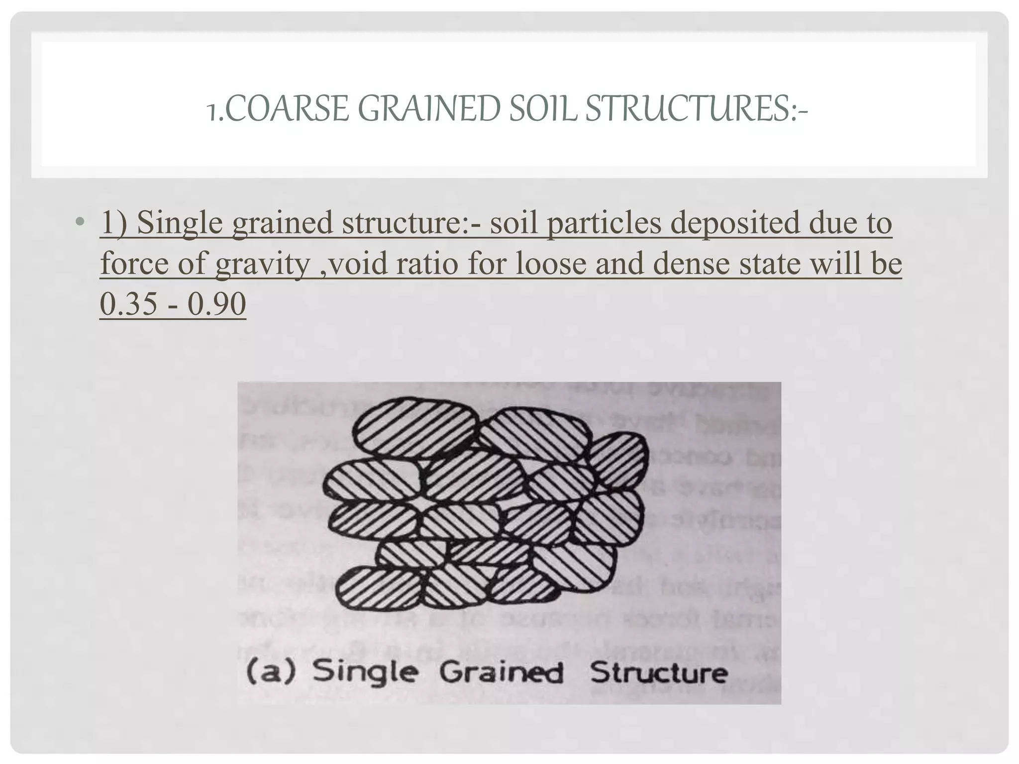 1.COARSE GRAINED SOIL STRUCTURES:-
• 1) Single grained structure:- soil particles deposited due to
force of gravity ,void ratio for loose and dense state will be
0.35 - 0.90
 