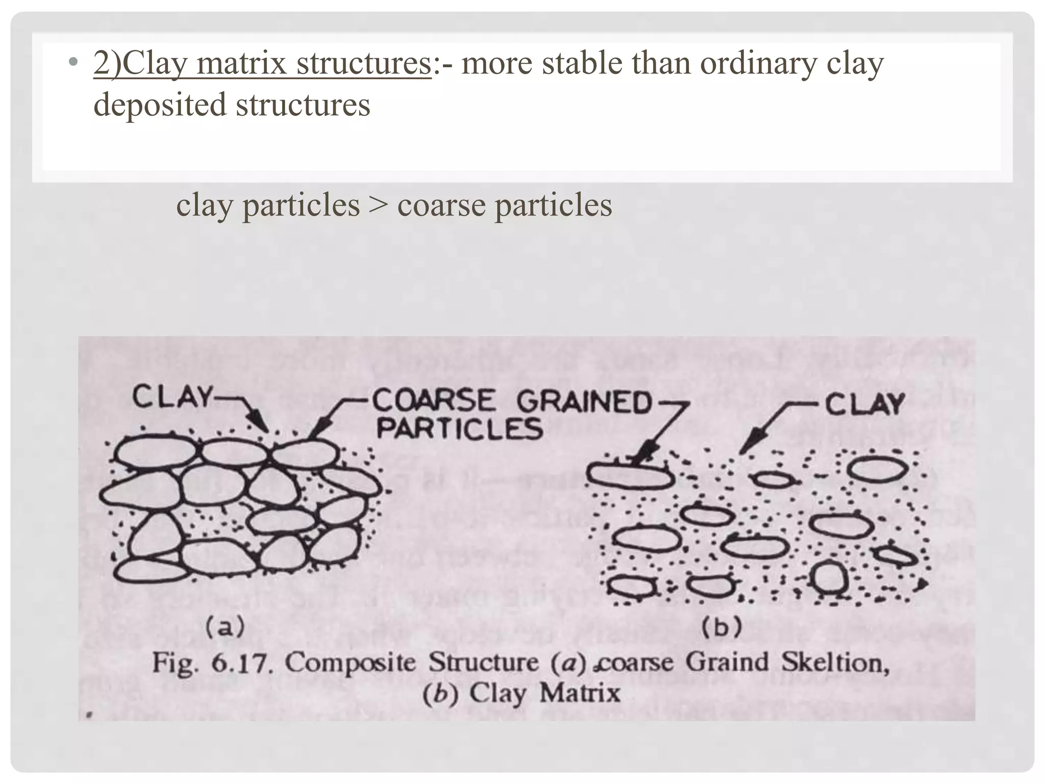 • 2)Clay matrix structures:- more stable than ordinary clay
deposited structures
clay particles > coarse particles
 