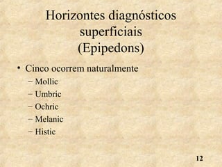 12
Horizontes diagnósticos
superficiais
(Epipedons)
• Cinco ocorrem naturalmente
– Mollic
– Umbric
– Ochric
– Melanic
– Histic
 