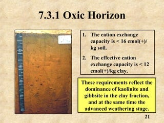 21
7.3.1 Oxic Horizon
1. The cation exchange
capacity is < 16 cmol(+)/
kg soil.
2. The effective cation
exchange capacity is < 12
cmol(+)/kg clay.
These requirements reflect the
dominance of kaolinite and
gibbsite in the clay fraction,
and at the same time the
advanced weathering stage.
 