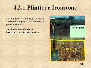 33
4.2.1 Plintita e Ironstone
• A plintita é “uma mistura de argila
e minerais de quarzo, rica em ferro e
pobre em húmus.
•A plintita transforma-se
irreversivelmente em ironstone .
Plinthaquult
Plintita
 