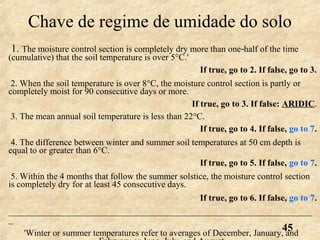 45
Chave de regime de umidade do solo
1. The moisture control section is completely dry more than one half of the time‑
(cumulative) that the soil temperature is over 5°C.'
If true, go to 2. If false, go to 3.
2. When the soil temperature is over 8°C, the moisture control section is partly or
completely moist for 90 consecutive days or more.
If true, go to 3. If false: ARIDIC.
3. The mean annual soil temperature is less than 22°C.
If true, go to 4. If false, go to 7.
4. The difference between winter and summer soil temperatures at 50 cm depth is
equal to or greater than 6°C.
If true, go to 5. If false, go to 7.
5. Within the 4 months that follow the summer solstice, the moisture control section
is completely dry for at least 45 consecutive days.
If true, go to 6. If false, go to 7.
____________________________________________________________________
_
'Winter or summer temperatures refer to averages of December, January, and
 