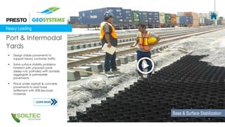 Design stable pavements to
support heavy container traffic.
 Solve surface stability problems
inherent with unpaved yards
(deep ruts, potholes) with durable,
aggregate & permeable
pavements.
 Place under asphalt & concrete
pavements to resist base
settlement with 50% less base
materials.
Port & Intermodal
Yards
Heavy Loading
Base & Surface Stabilization
 